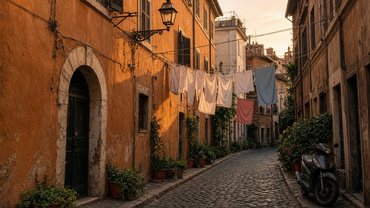 Narrow ochre alley in Trastevere — casual tourist phone photo