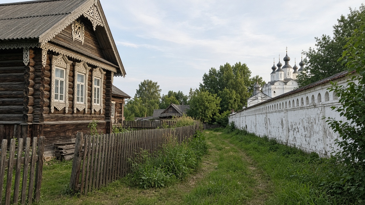Izba and monastery — a quiet-travel frame Tourist phone photo of a wooden izba courtyard beside a monastery wall in Golden Ring countryside