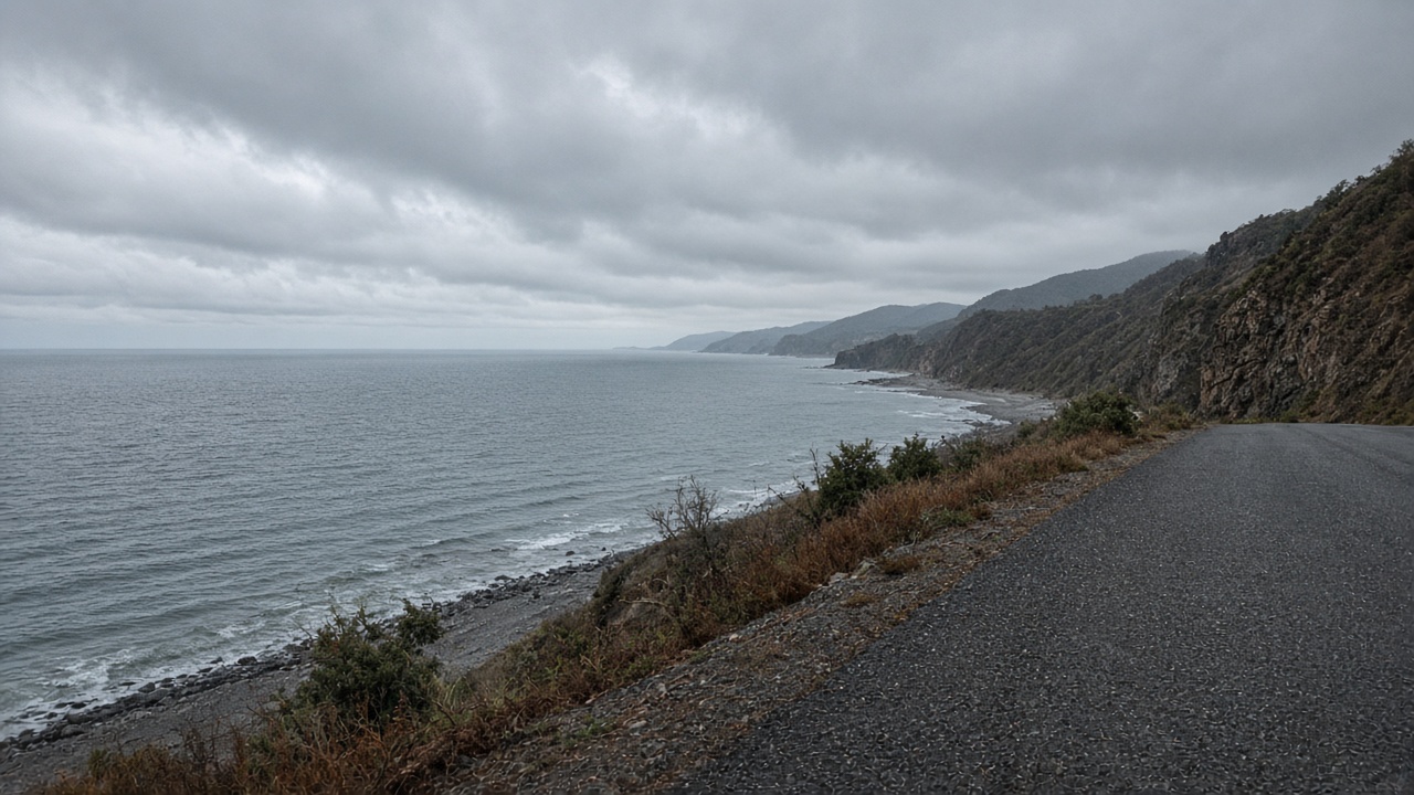 Sakhalin coastal road pull-off — casual tourist phone photo