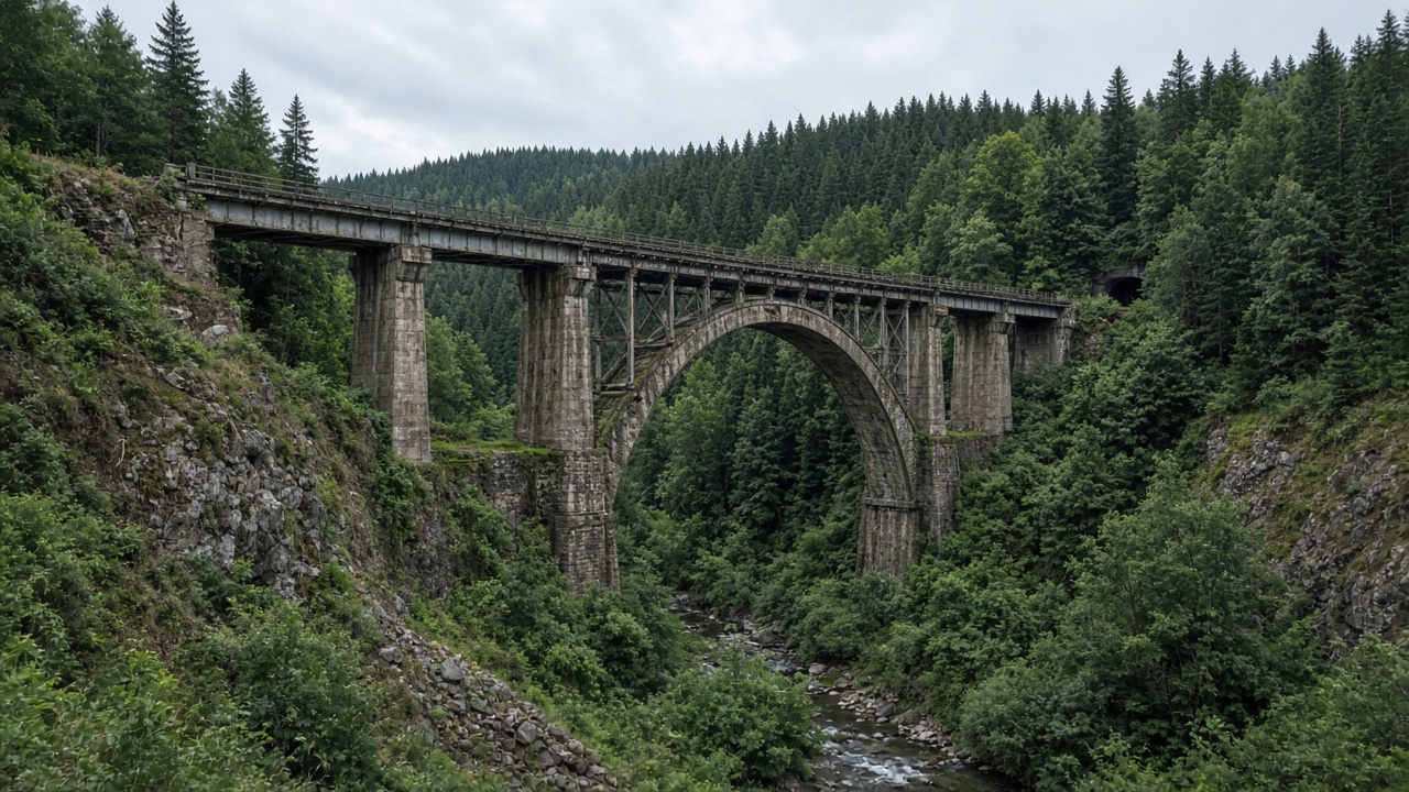 Abandoned Sakhalin railway bridge in a green gorge — tourist phone photo