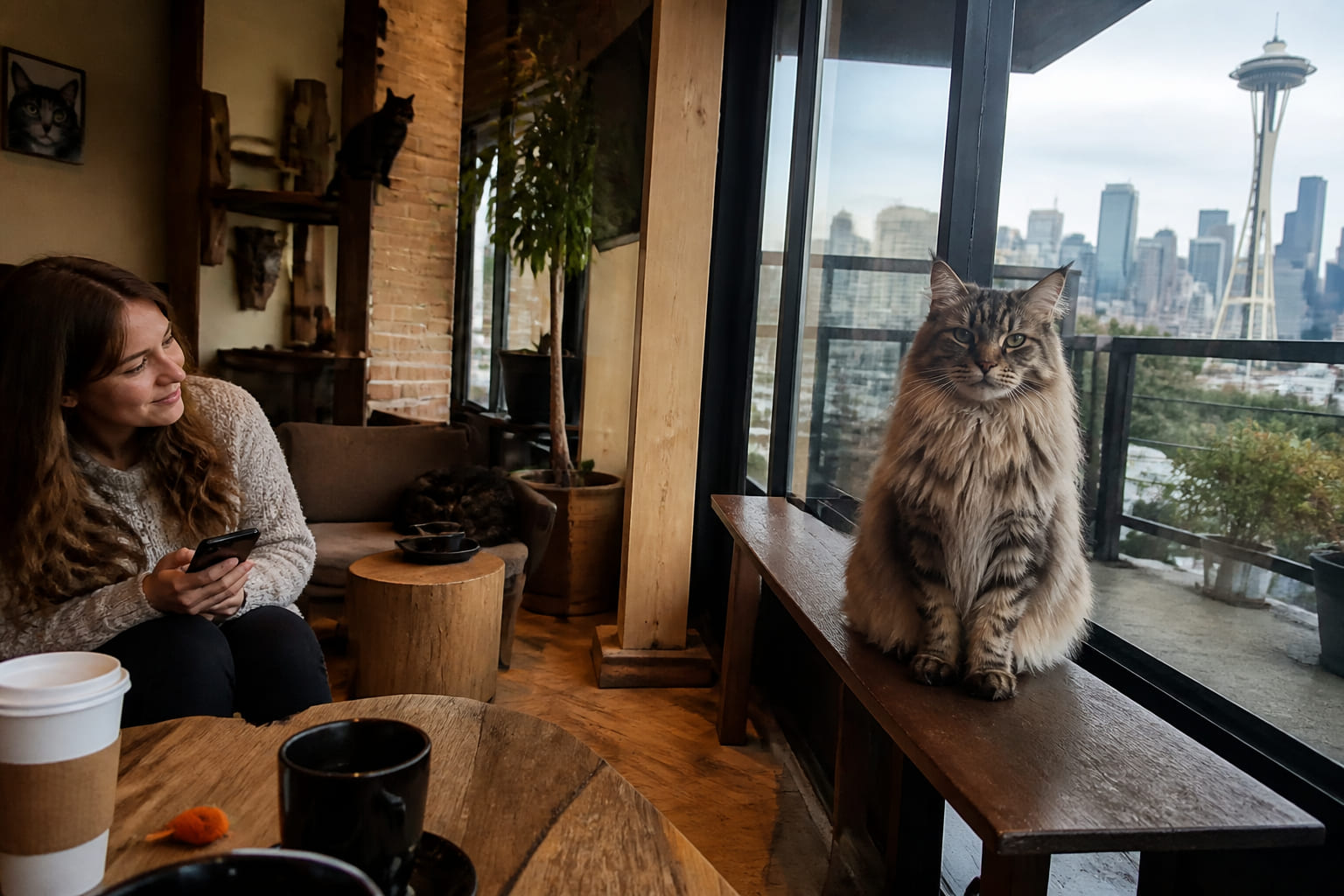 Кошачий лаунж Seattle Meowtropolitan Cat Café — снимок туриста на телефон: кот у окна и кофе на столике