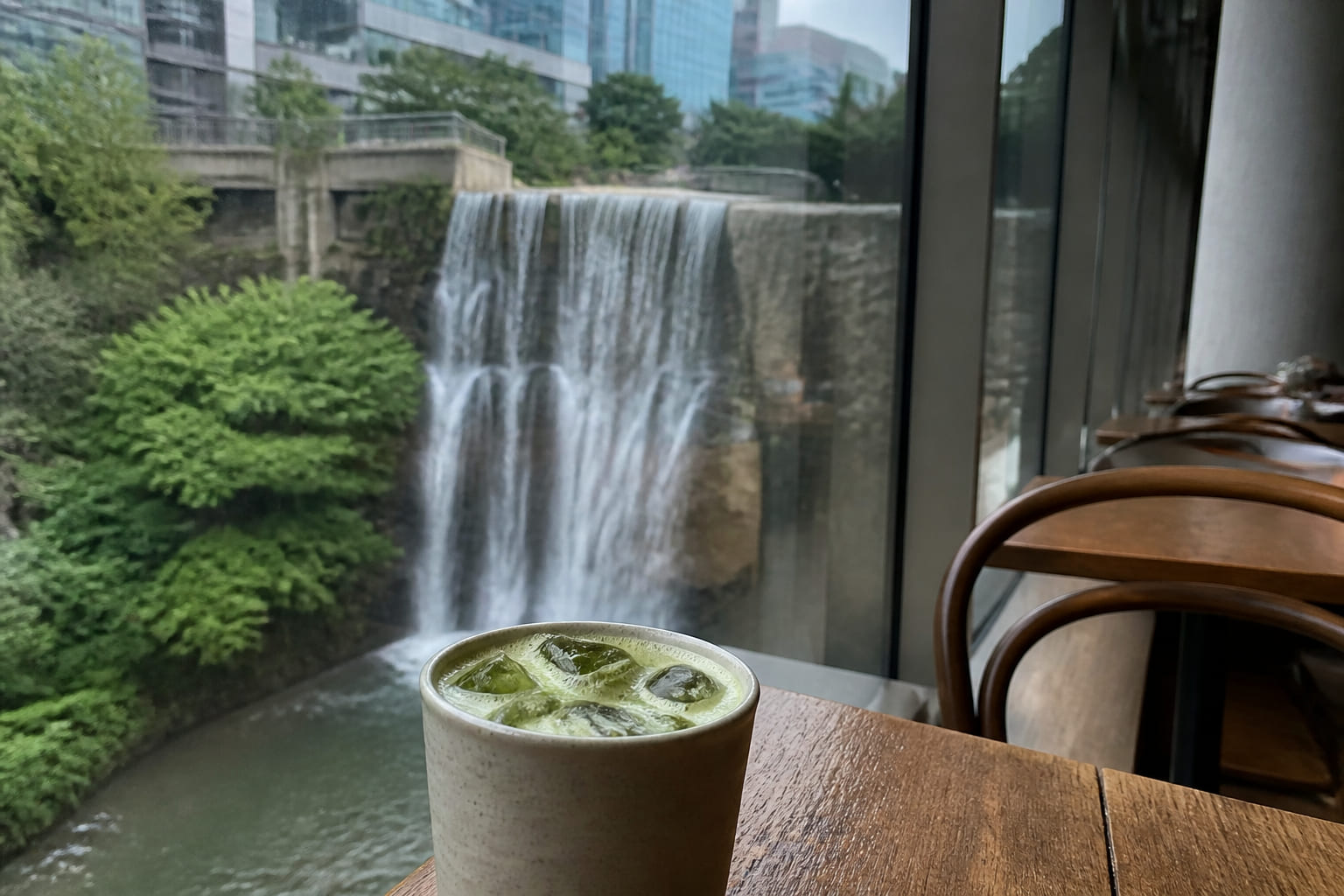Matcha cup by Cafe Pokpo’s panoramic window with a waterfall view — tourist smartphone photo