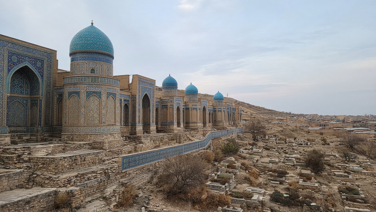 Shahi-Zinda, Samarkand Tourist smartphone photo along a blue-tiled Timurid mausoleum corridor at Shahi-Zinda, Samarkand