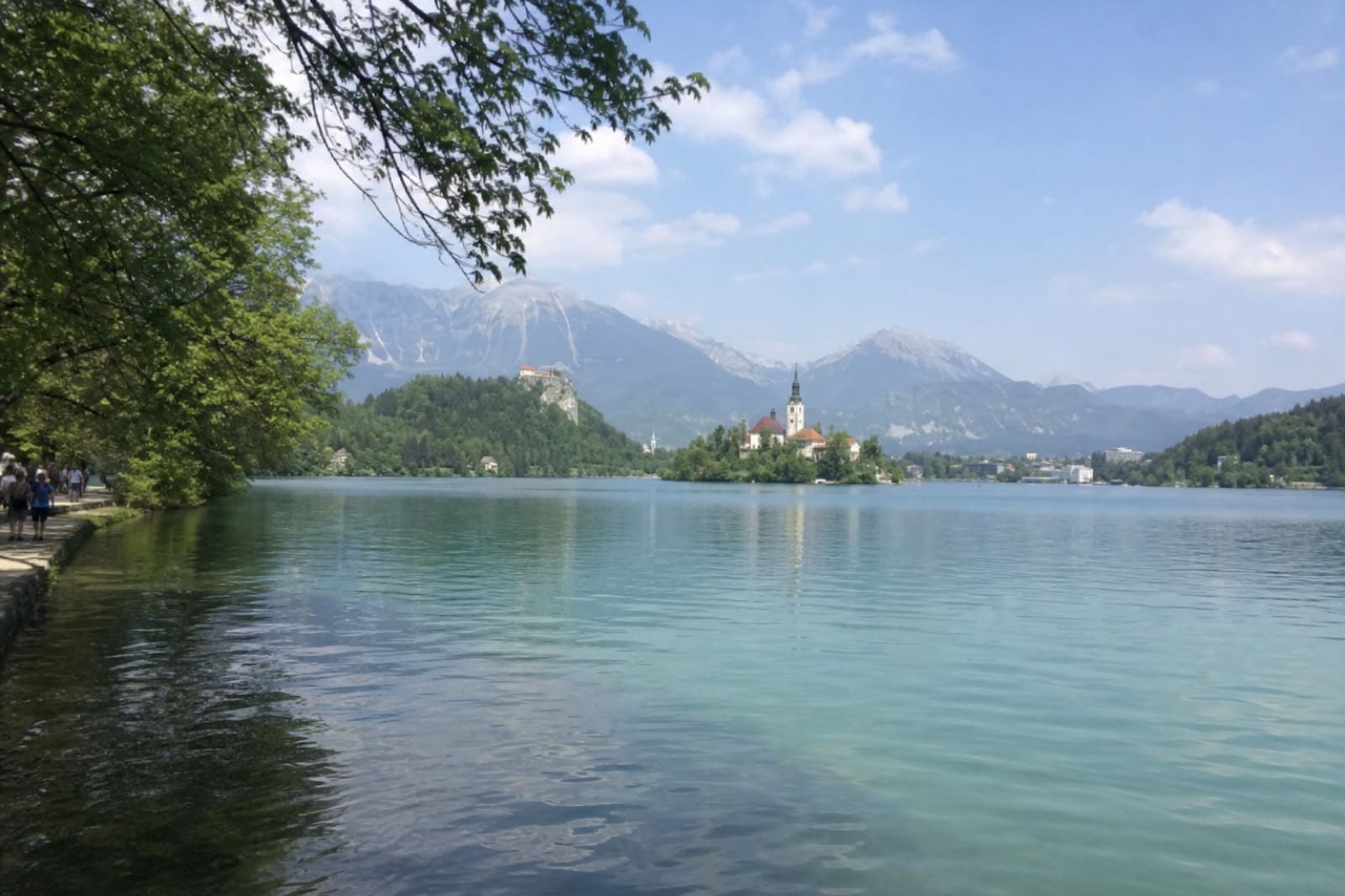 Phone snapshot of Lake Bled with the island church and cliffside castle against the Julian Alps