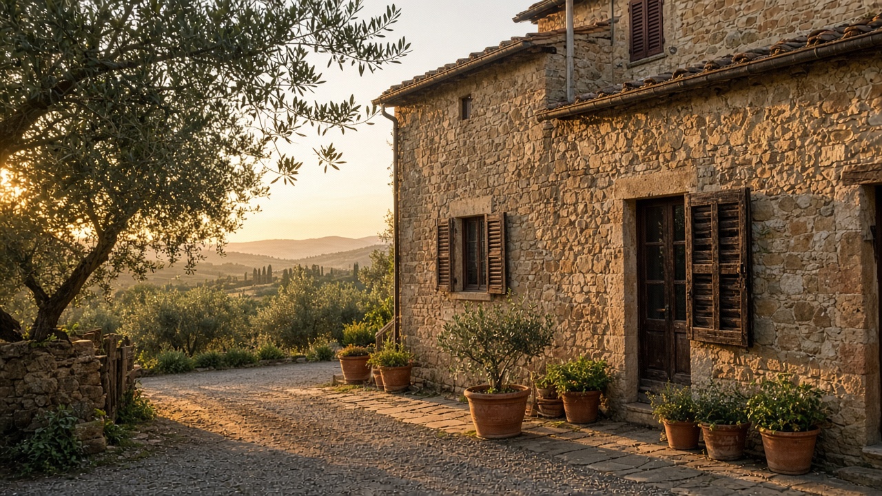 Stone Tuscan farmhouse courtyard with olive trees at golden hour, tourist phone photo