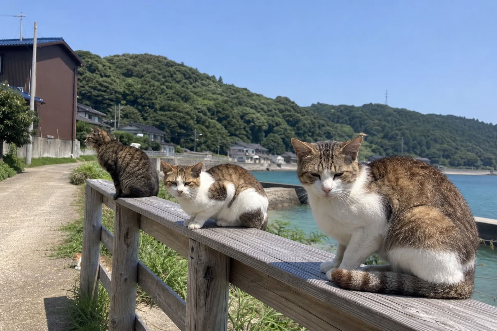 Tashirojima: свободные коты у деревенской ограды — типичный кадр прогулки по Кошачьему острову. Коты на деревянной ограде у рыбацкой деревни на острове Тасиро — снимок туриста на телефон