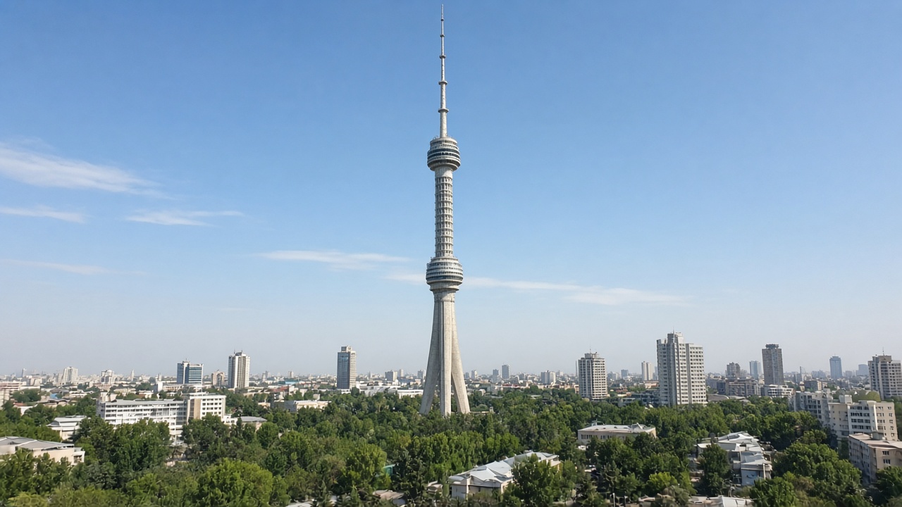 Tashkent TV Tower Tashkent TV Tower above trees and city skyline — tourist smartphone photo