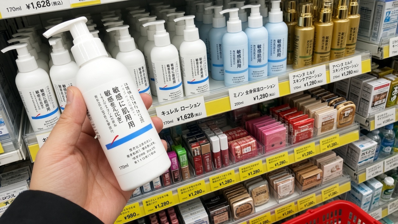 Tourist comparing skincare bottles on a Japanese drugstore shelf in Tokyo, phone photo