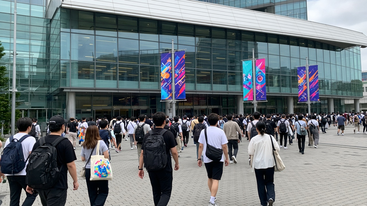 Crowd walking toward the glass facade of Makuhari Messe before a game show — casual phone-photo style