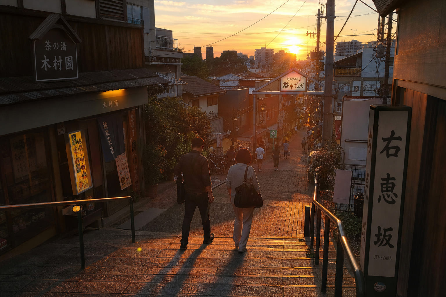 Yanaka Ginza street in Tokyo at sunset — casual smartphone travel photo, low wooden shopfronts