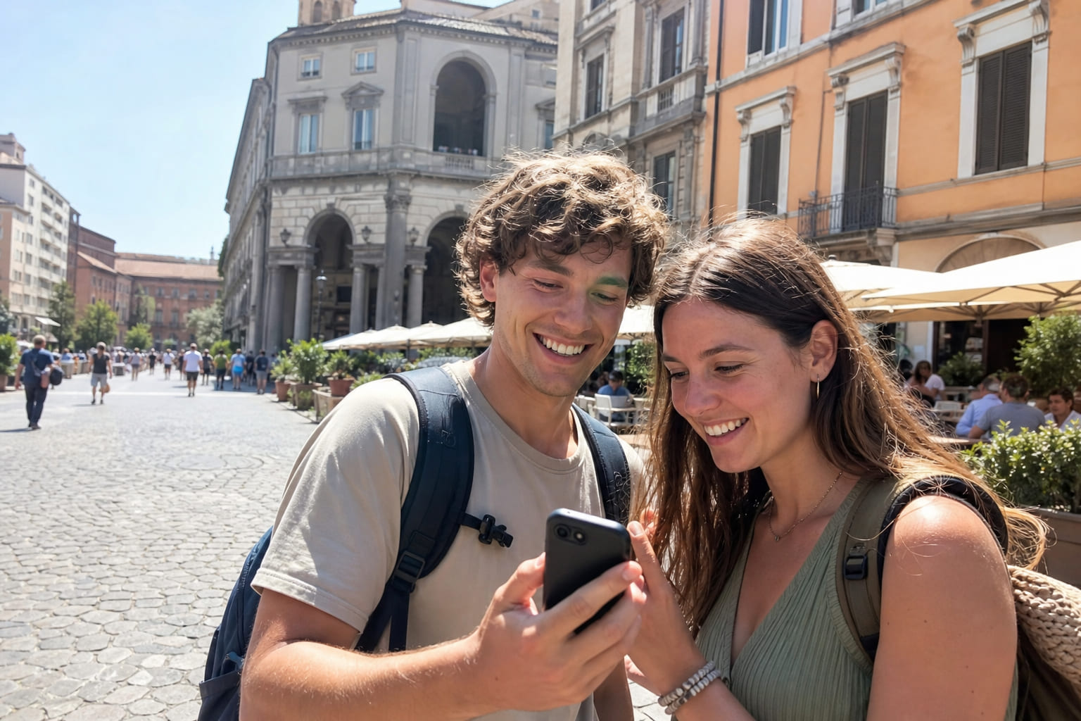 Two travelers with backpacks meeting in a city square and checking a route on a phone