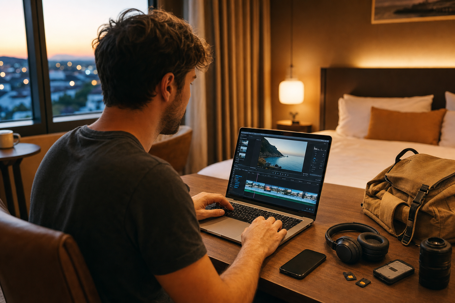 Editing a travel vlog on a laptop after the trip