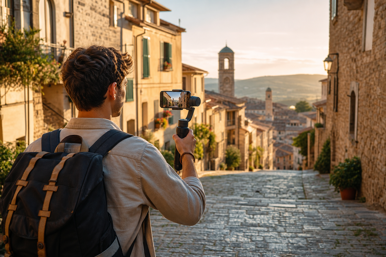 Shooting a travel vlog on a smartphone while traveling