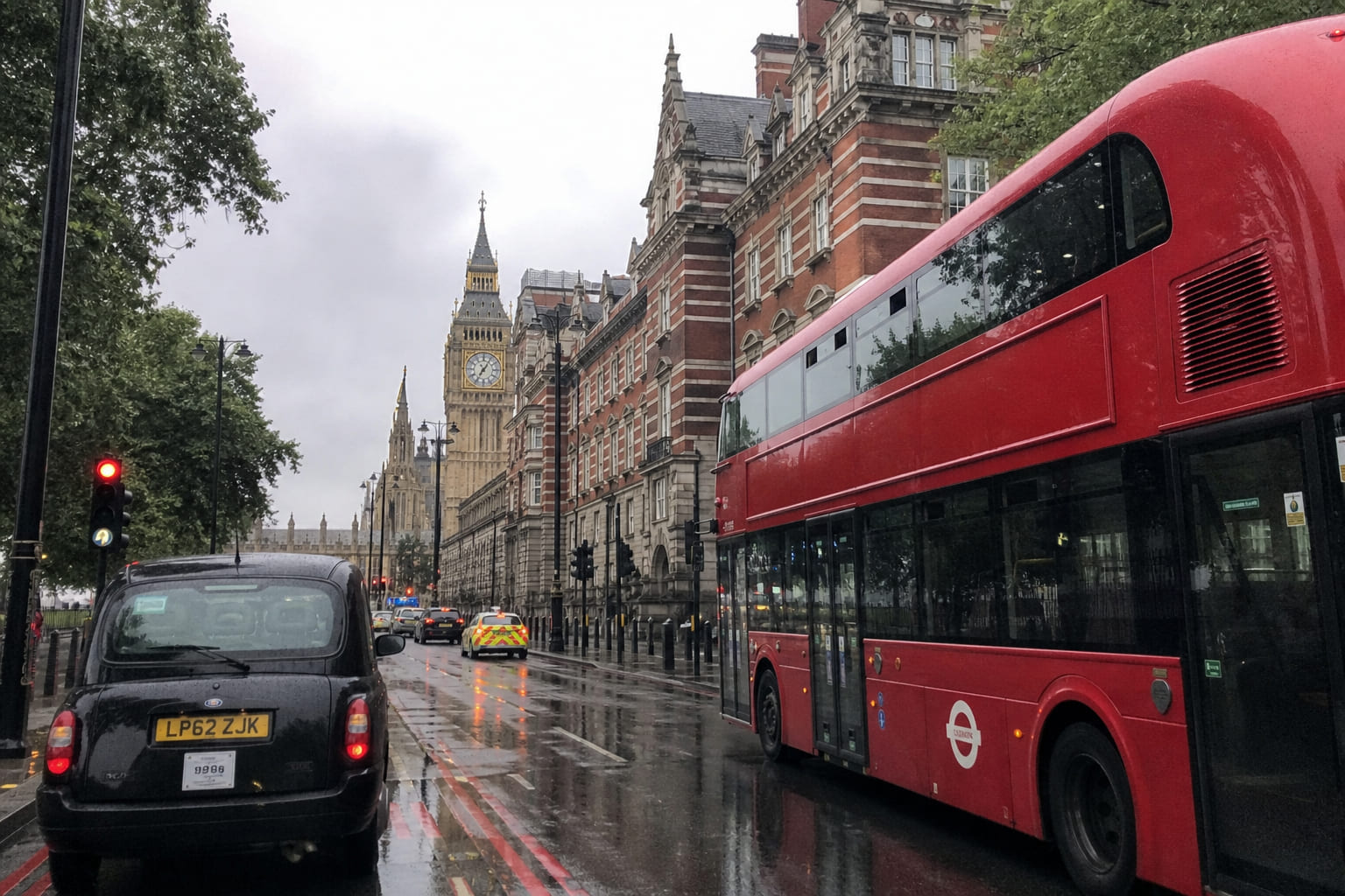 London street with a red double-decker bus and Big Ben — tourist phone photo