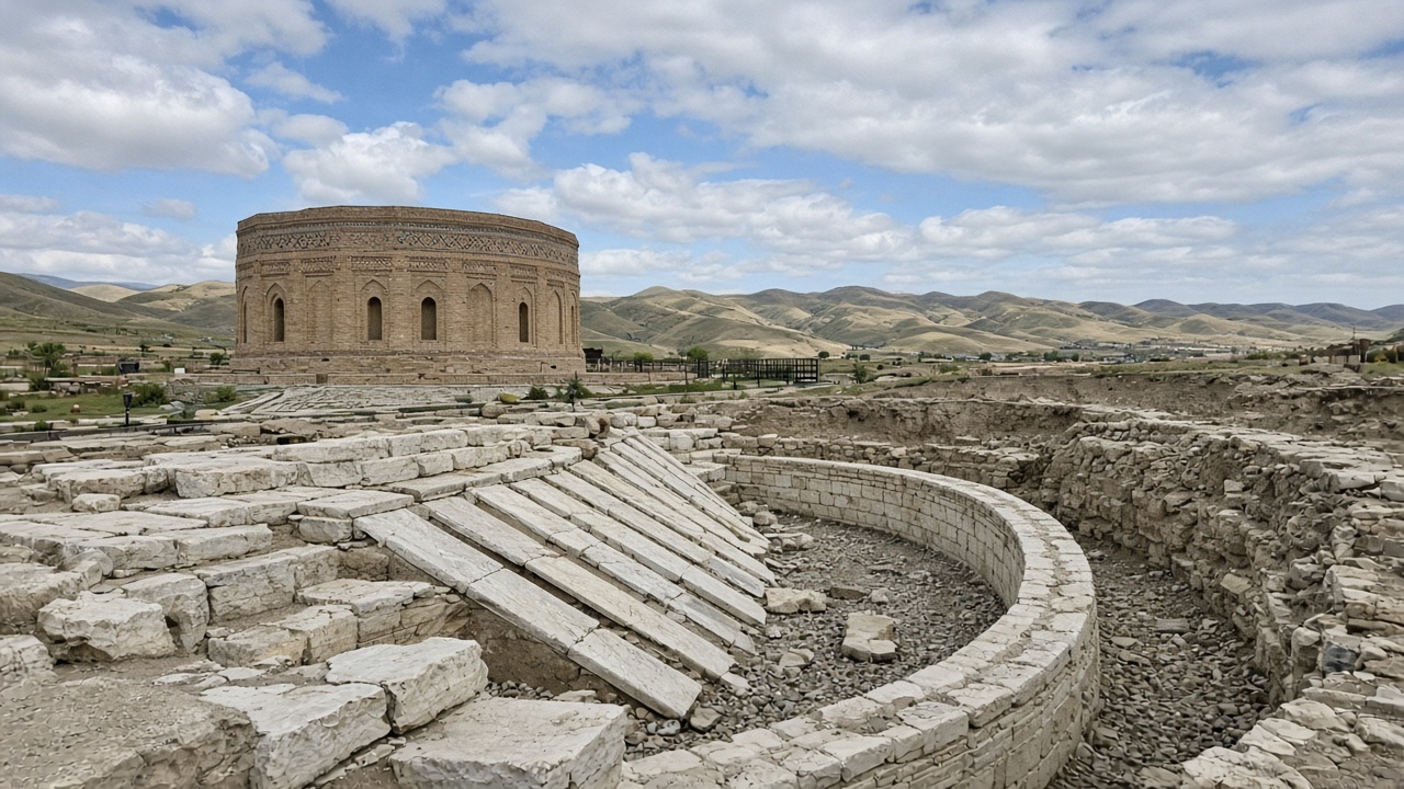 Tourist smartphone photo of the round museum and excavated sextant trench at Ulugh Beg Observatory, Samarkand