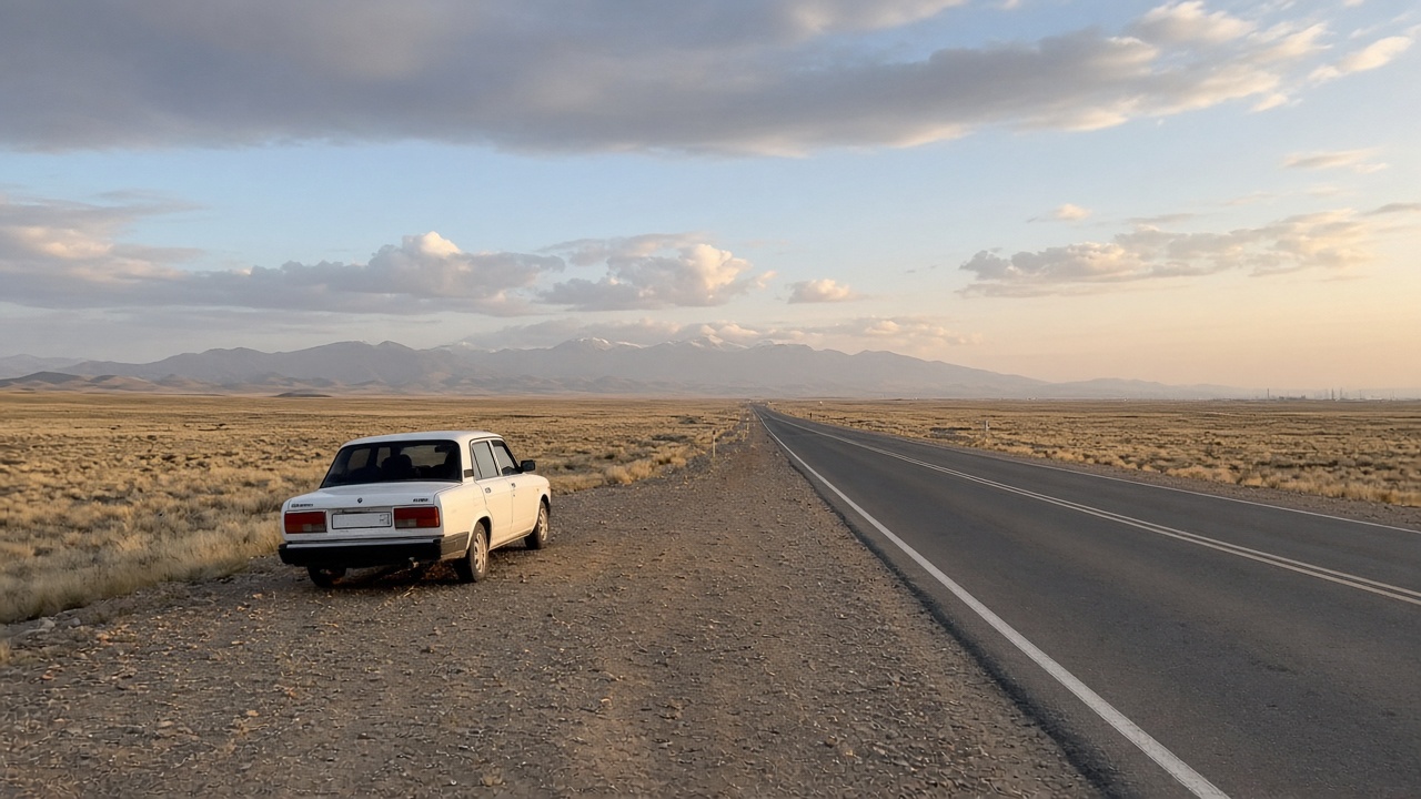 Uzbekistan road trip by car Tourist smartphone photo of a Silk Road highway across Central Asian steppe