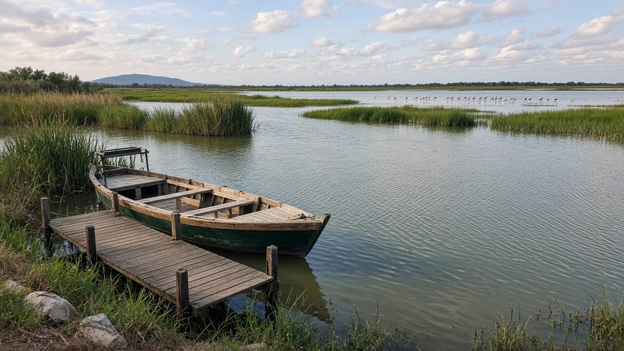 Albufera lagoon with a traditional boat among reeds — tourist phone photo