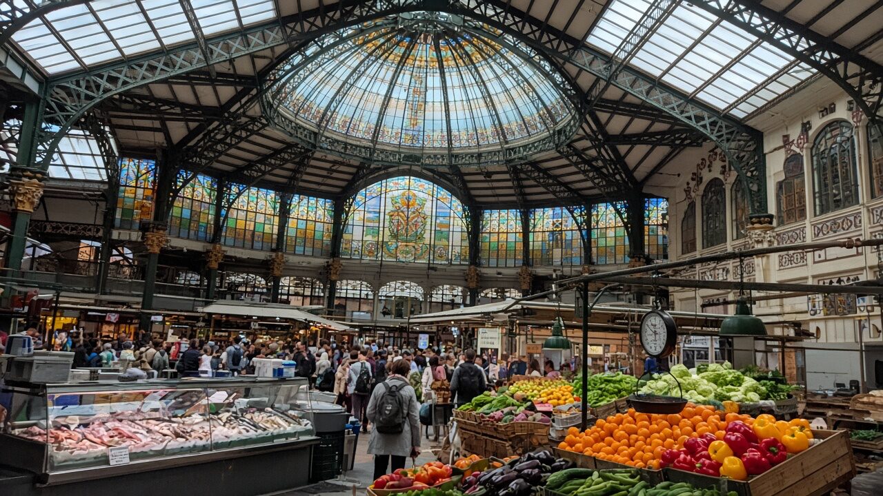 Inside Valencia Central Market Produce stalls beneath the dome of Valencia Central Market