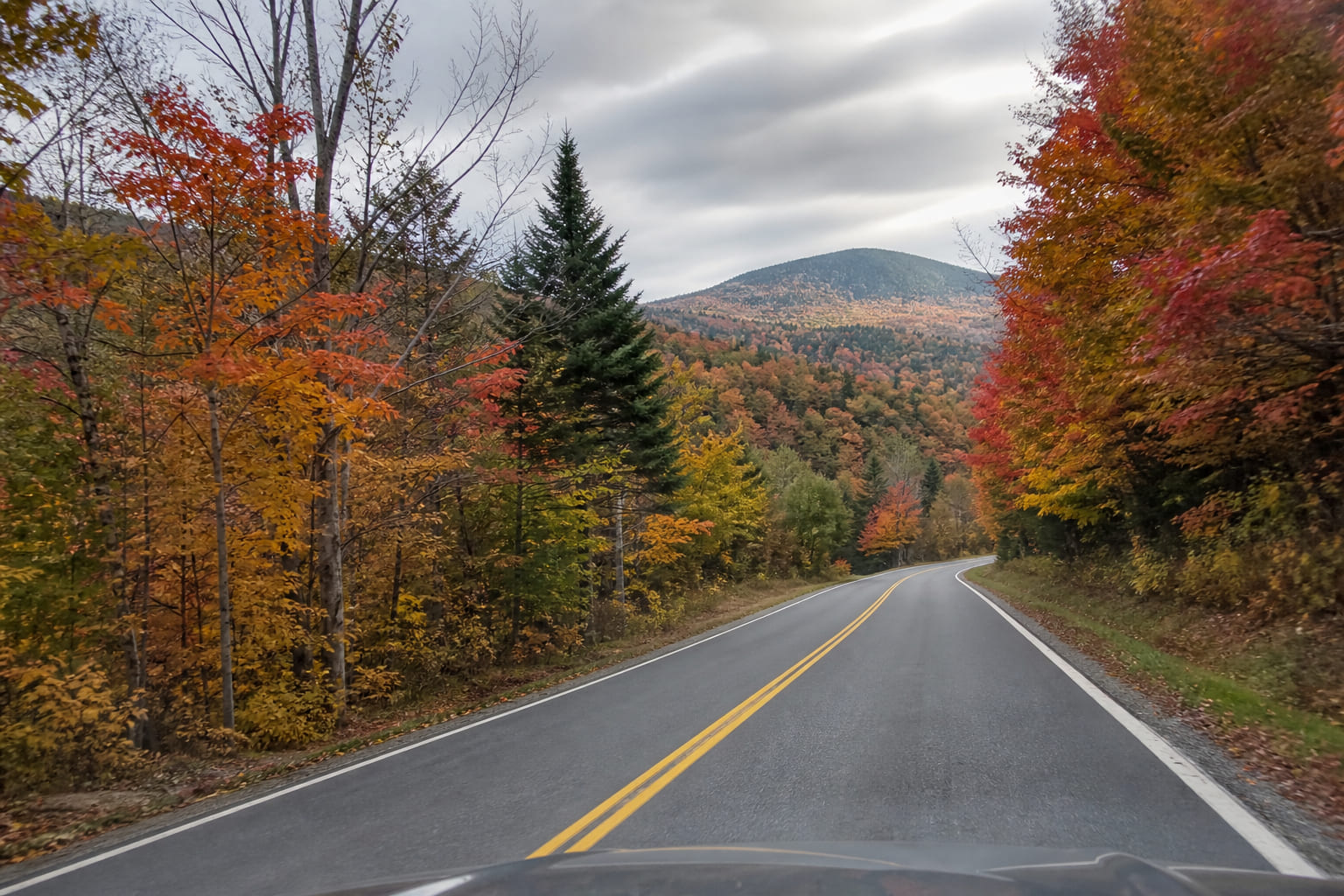 Fall foliage along Vermont Route 100 — casual tourist smartphone photo of a winding mountain road