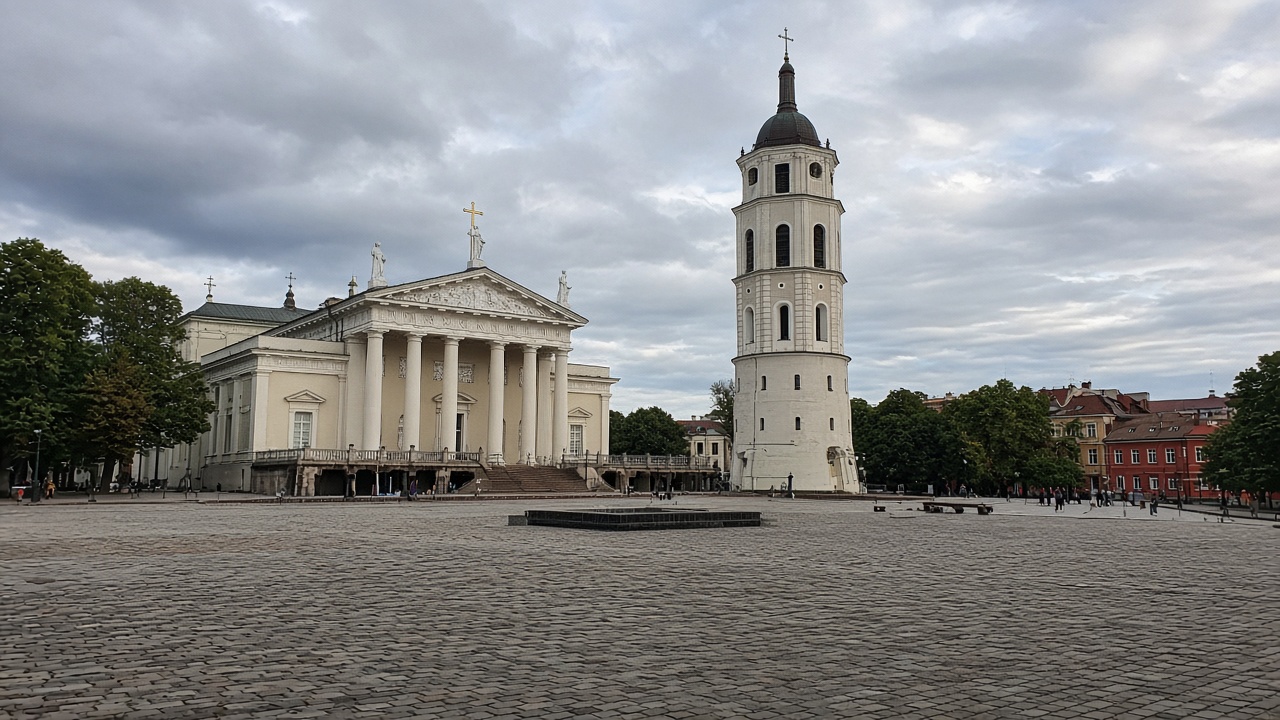 Phone photo of Vilnius Cathedral Square with the cathedral and bell tower