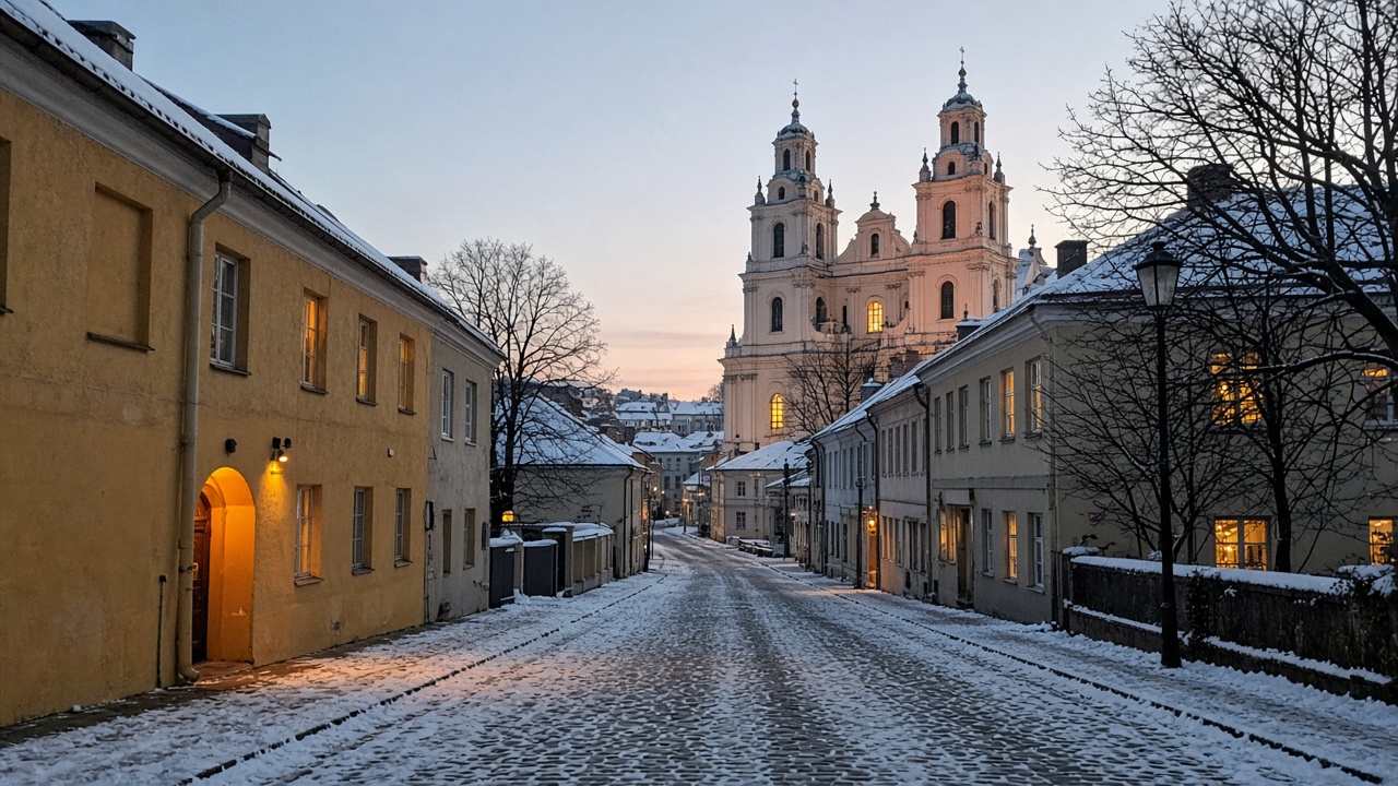 Phone photo of snowy Vilnius Old Town cobbles and winter trees
