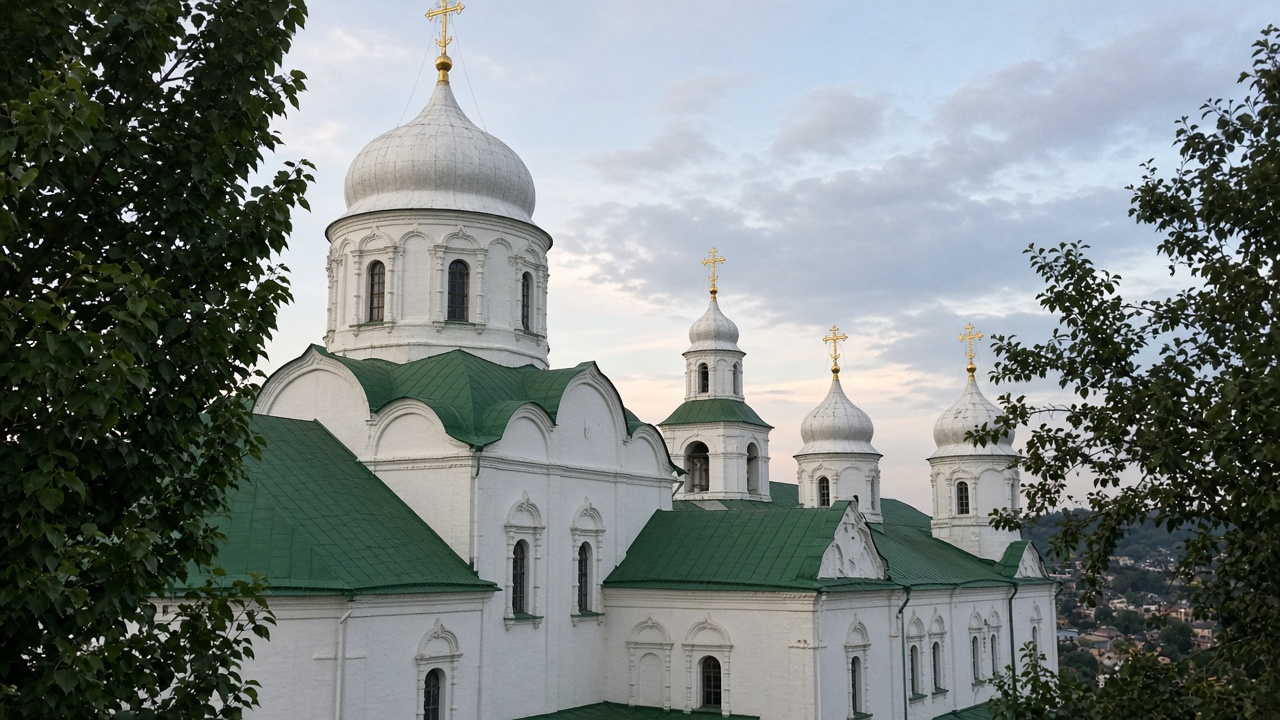 Tourist smartphone photo of white Assumption Cathedral with domes above the river in Vitebsk