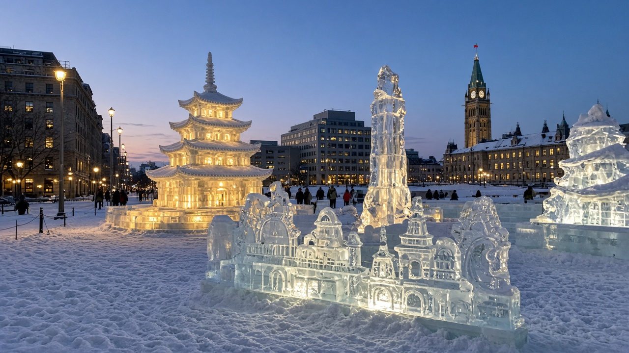 Любительское фото смартфоном: подсвеченные ледовые скульптуры Winterlude зимним вечером в Оттаве