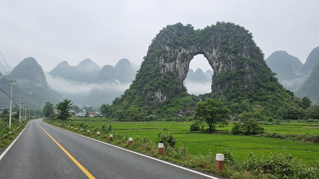Yangshuo Moon Hill Tourist smartphone photo of Moon Hill’s karst arch from a rural Yangshuo road