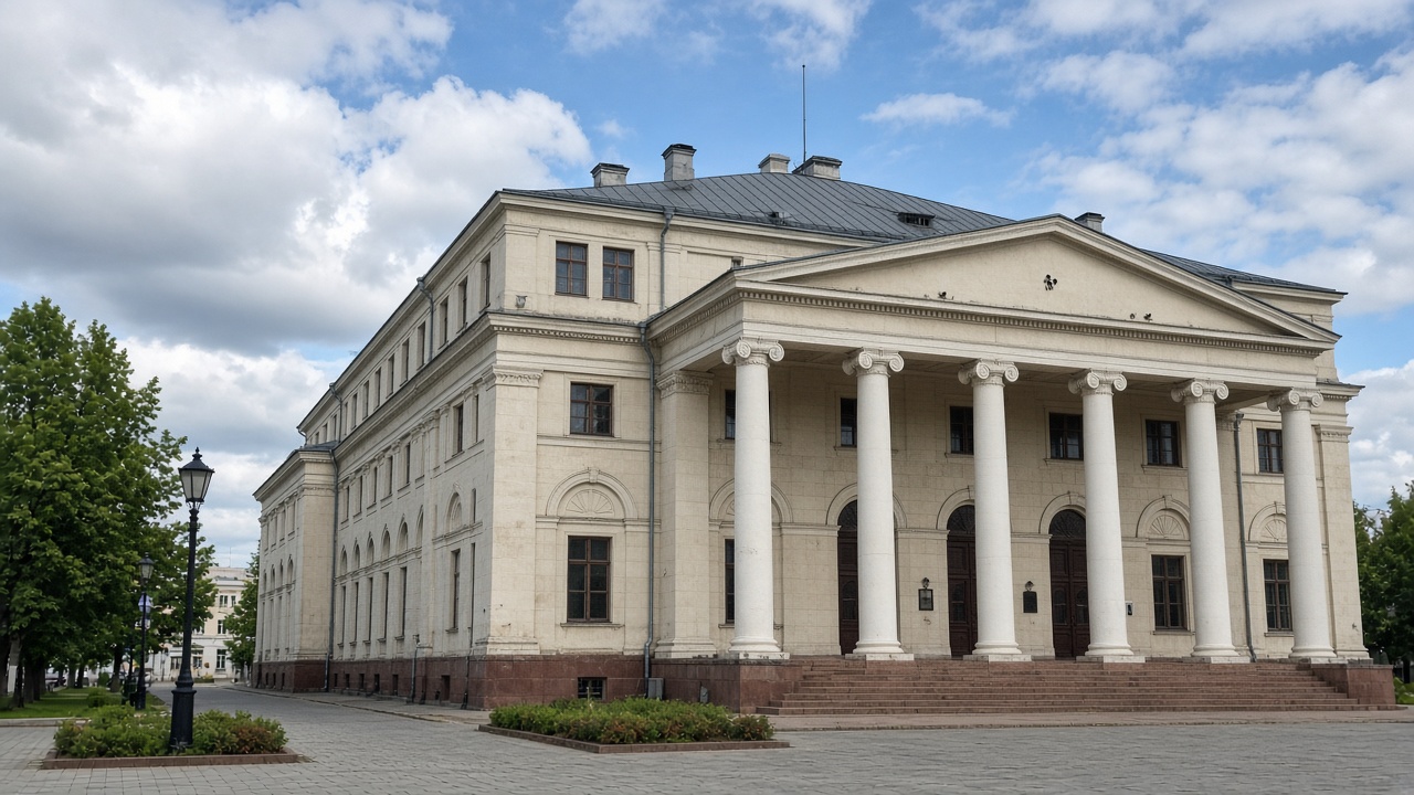 Volkov Theater facade and square in Yaroslavl — phone tourist photo
