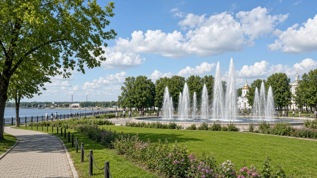 Family walk in Yaroslavl — phone snapshot near a park and fountains