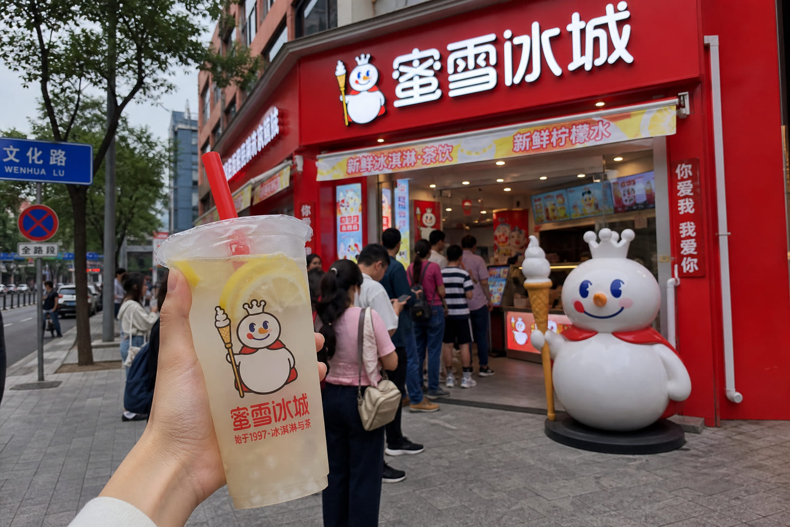 Tourist phone photo: red Chinese coffee shop façade with a snowman mascot and a drink cup in hand