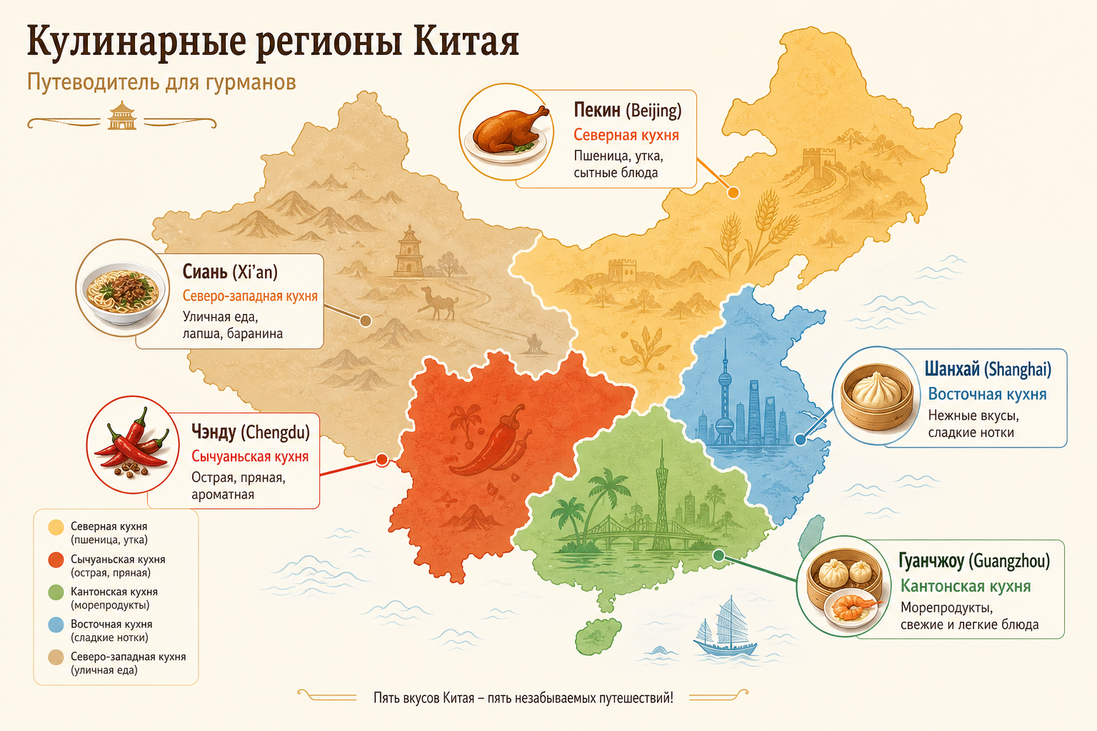 Map of China showing culinary regions: Beijing, Sichuan, Guangdong, Shanghai, and Xi'an