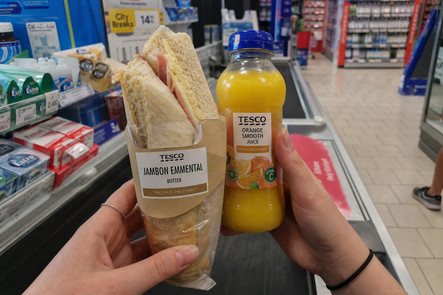 Traveler photographing a European supermarket snack on a smartphone — baguette and Meal Deal