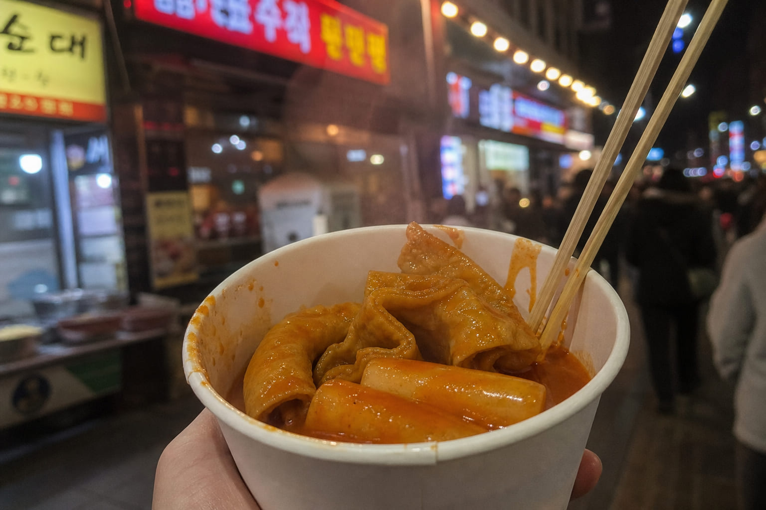 Tteokbokki at a Korean street market — casual smartphone photo by a tourist