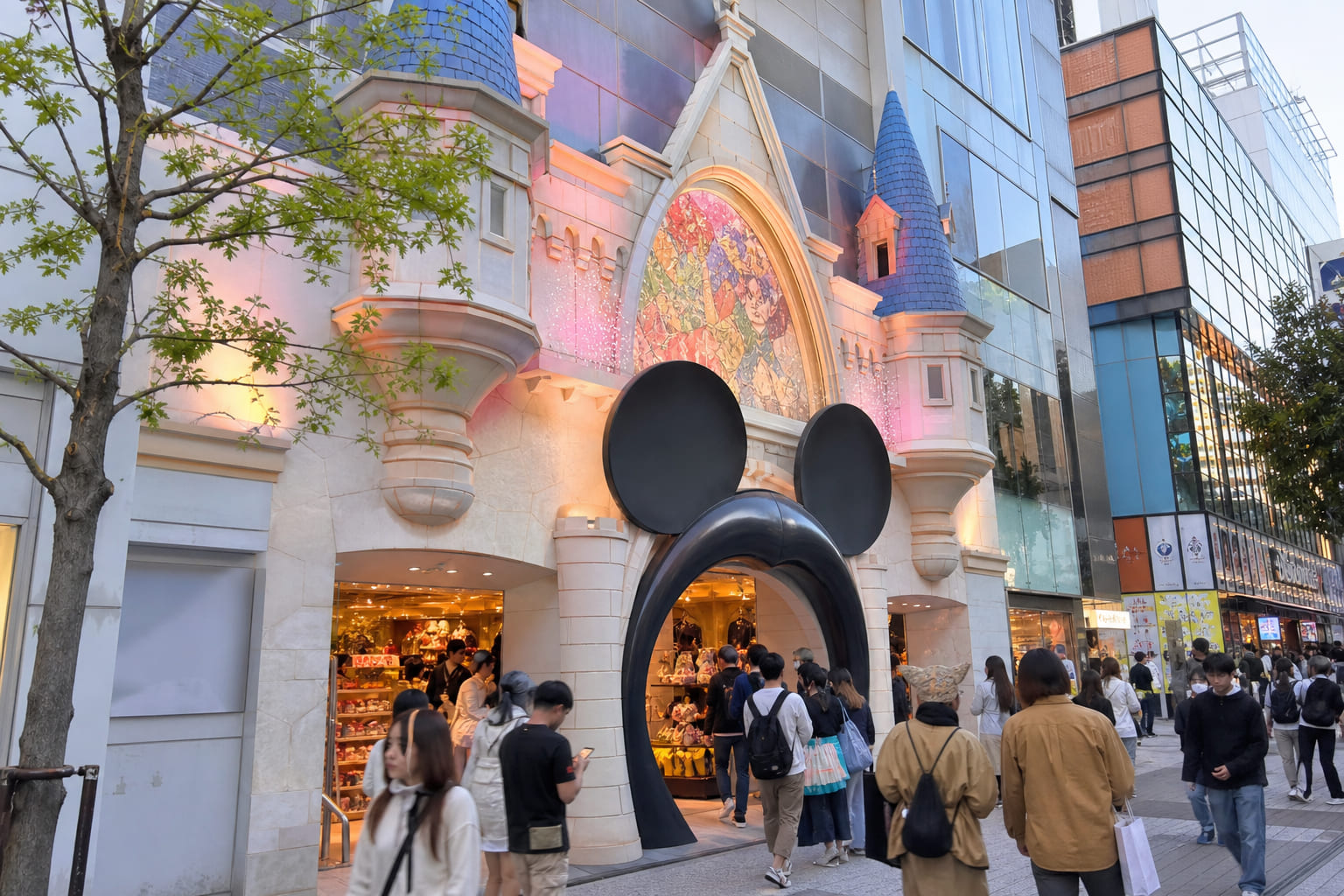 Disney Store Shibuya Tokyo exterior with fairy tale castle facade and Mickey head entrance