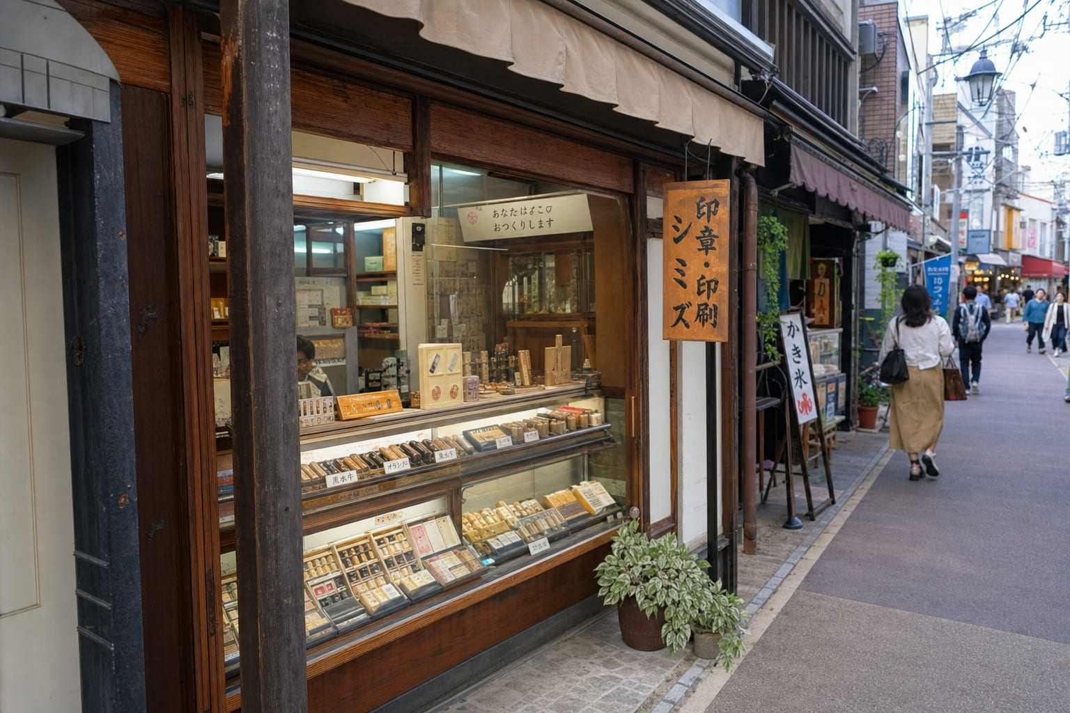 Shinimonogurui hanko stamp shop on Yanaka Ginza shopping street in old Tokyo
