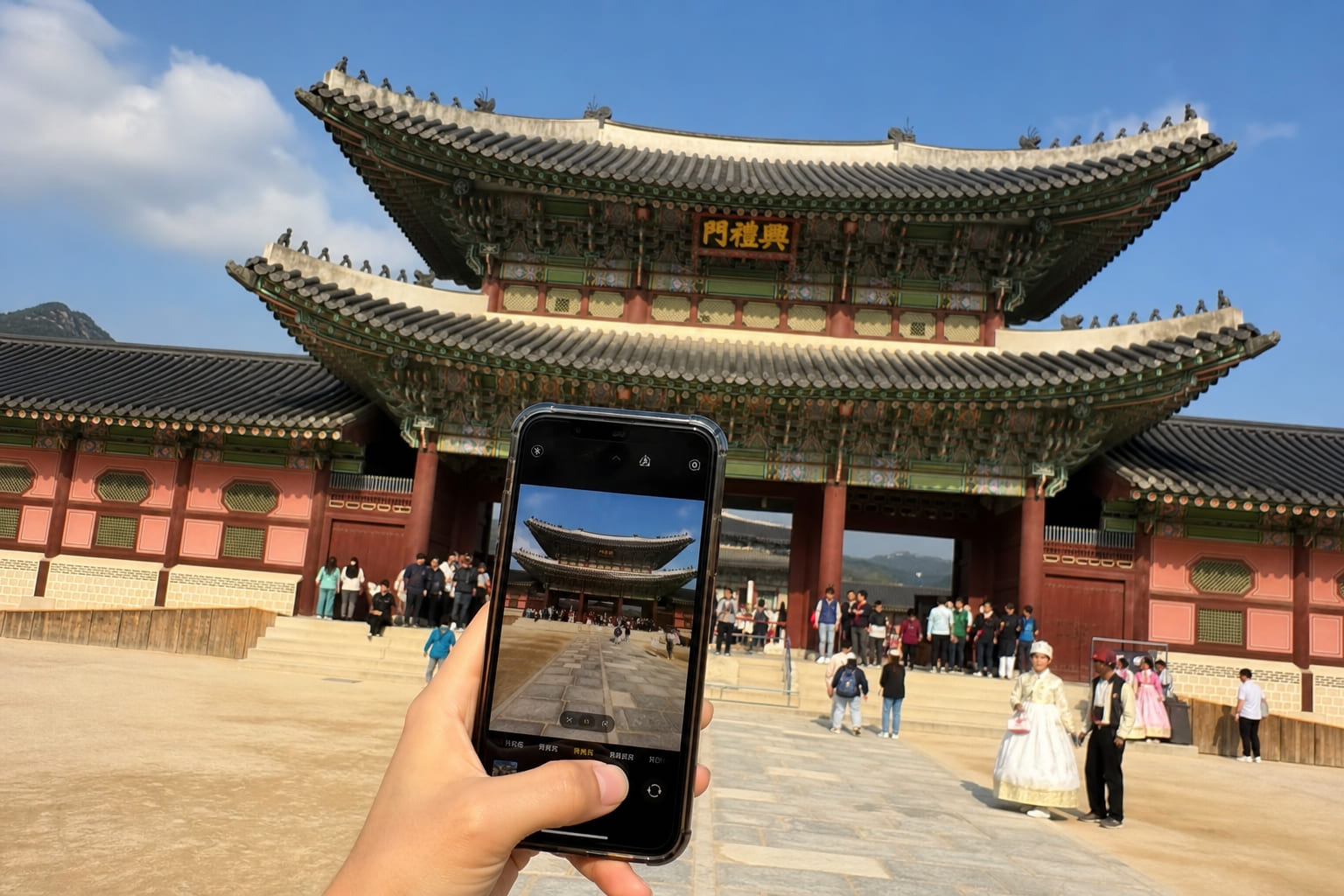 Tourist taking a phone photo at Gyeongbokgung Palace in Seoul — a K-drama filming location