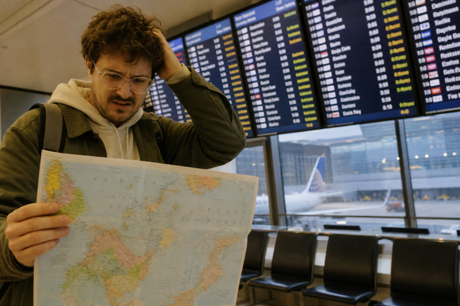 Tourist holding an upside-down world map at an airport departure board — phone snapshot